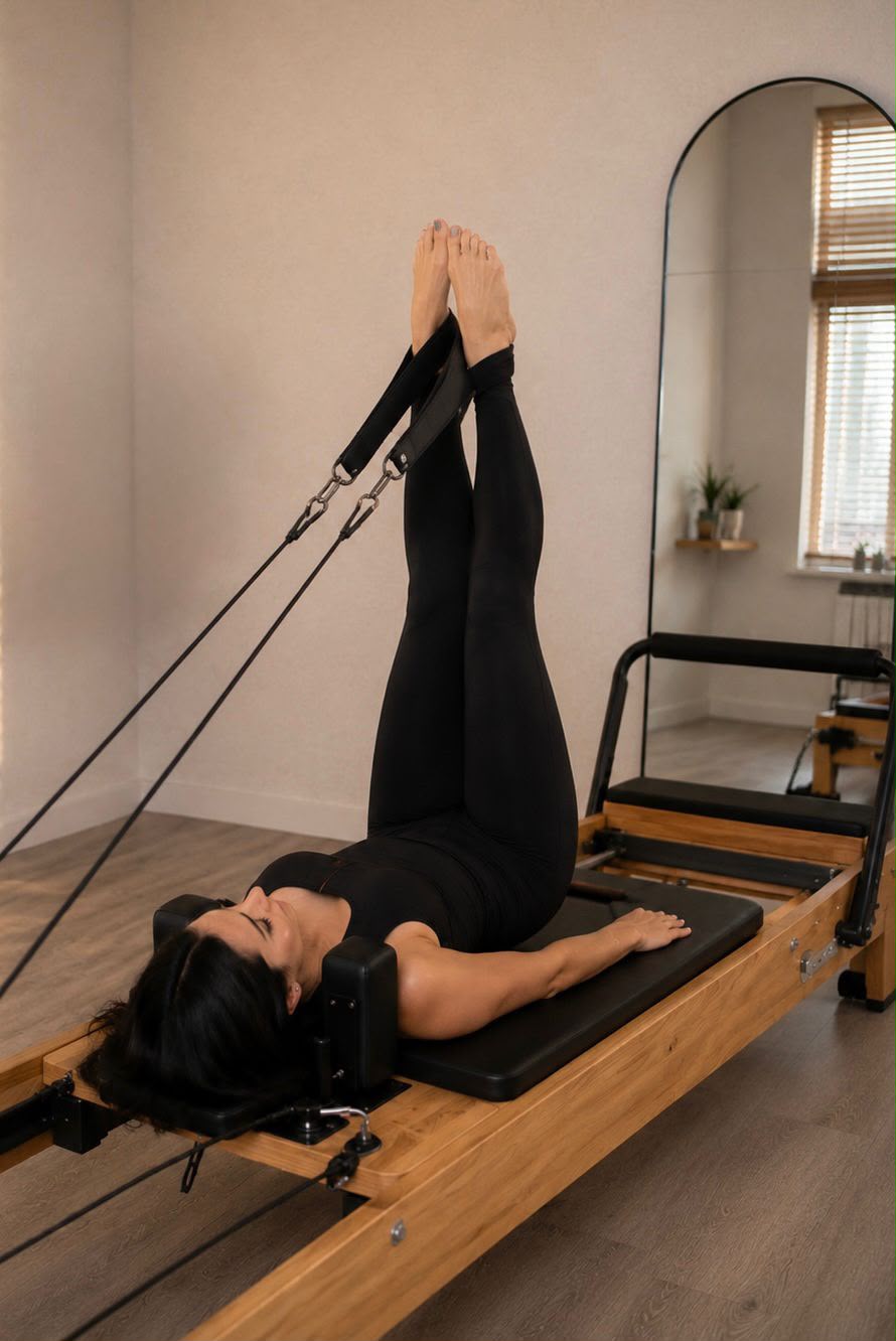 Femme allongée sur un reformer en bois clair, jambes tendues vers le plafond, dans le studio SAND à Fribourg